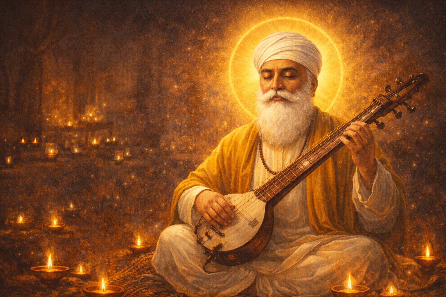 Guru Nanak Dev Ji performing Kirtan with Rabab, eyes closed in devotion, oil lamps surrounding β Sikh devotional wallpaper